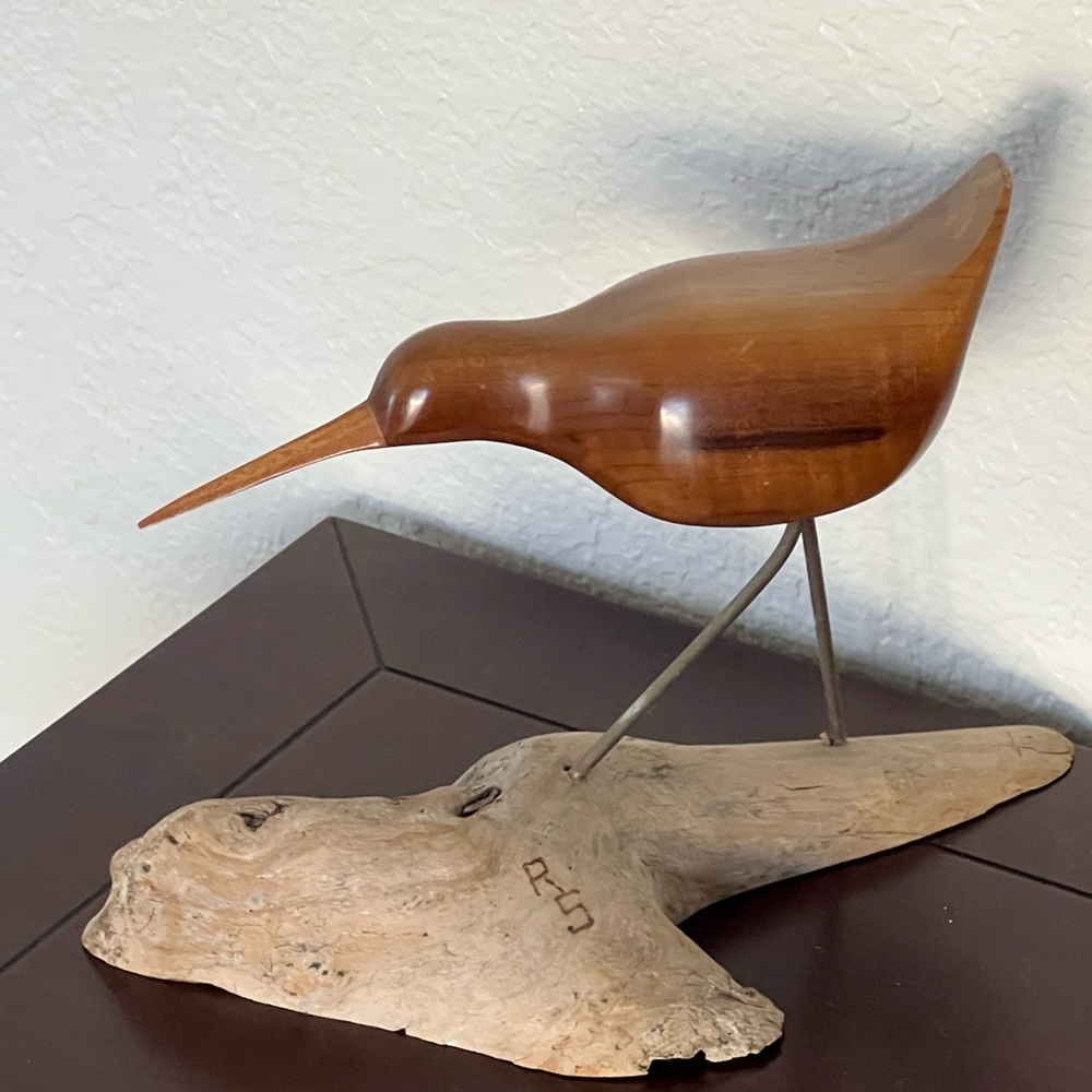 Vintage Art Wood Bird Sandpiper Figurine Signed RS Handcrafted
